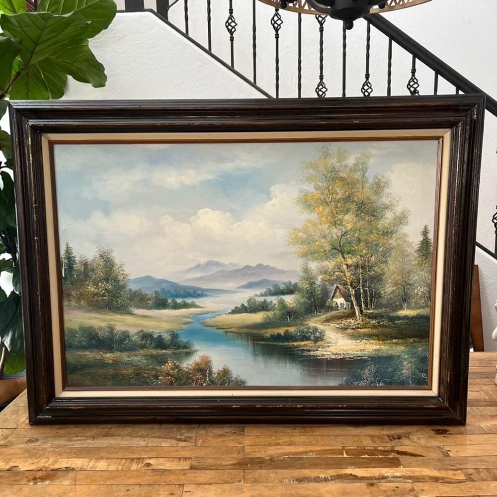 Vtg Oil Painted Landscape River Trees Mountains Small Cabin 43" Impressionist